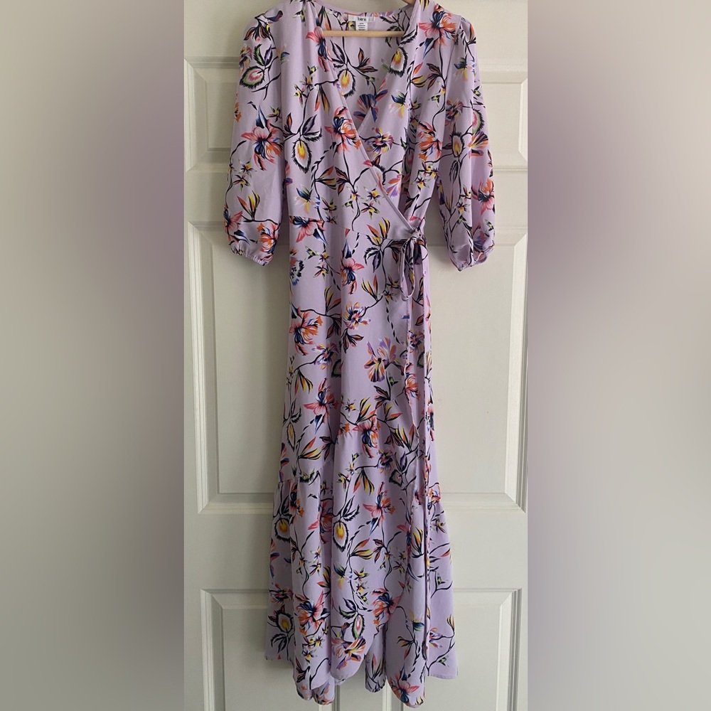 BAR III Maxi Wrap Floral Dress Size S 3/4 Sleeves Lilac Garden Party Feminine